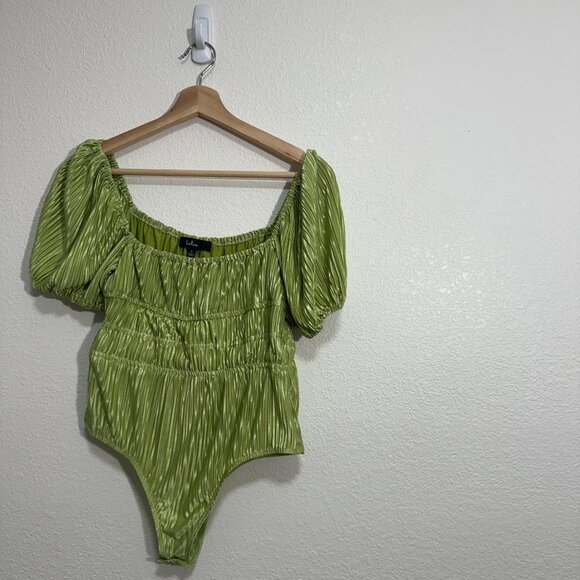 LULUS Plissed to Meet You Lime Green Puff Sleeve Plisse Bodysuit Chartreuse - Picture 2 of 9